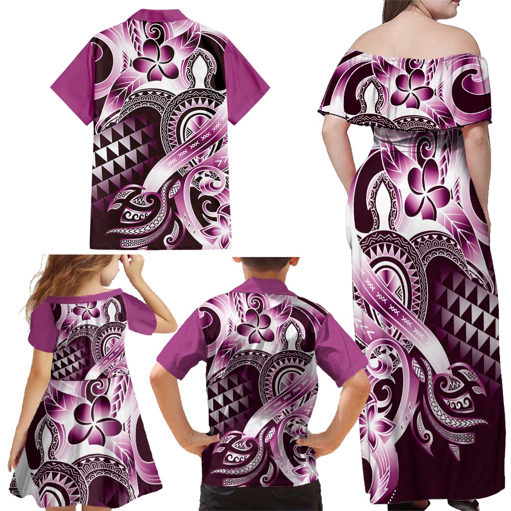 Aloha Pink Tribal Honu Tattoo Family Matching Off Shoulder Maxi Dress and Hawaiian Shirt