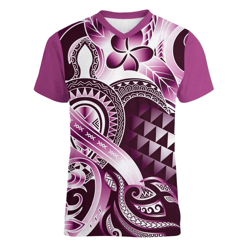 Aloha Pink Tribal Honu Tattoo Women V-Neck T-Shirt LT9 Female Pink - Polynesian Pride