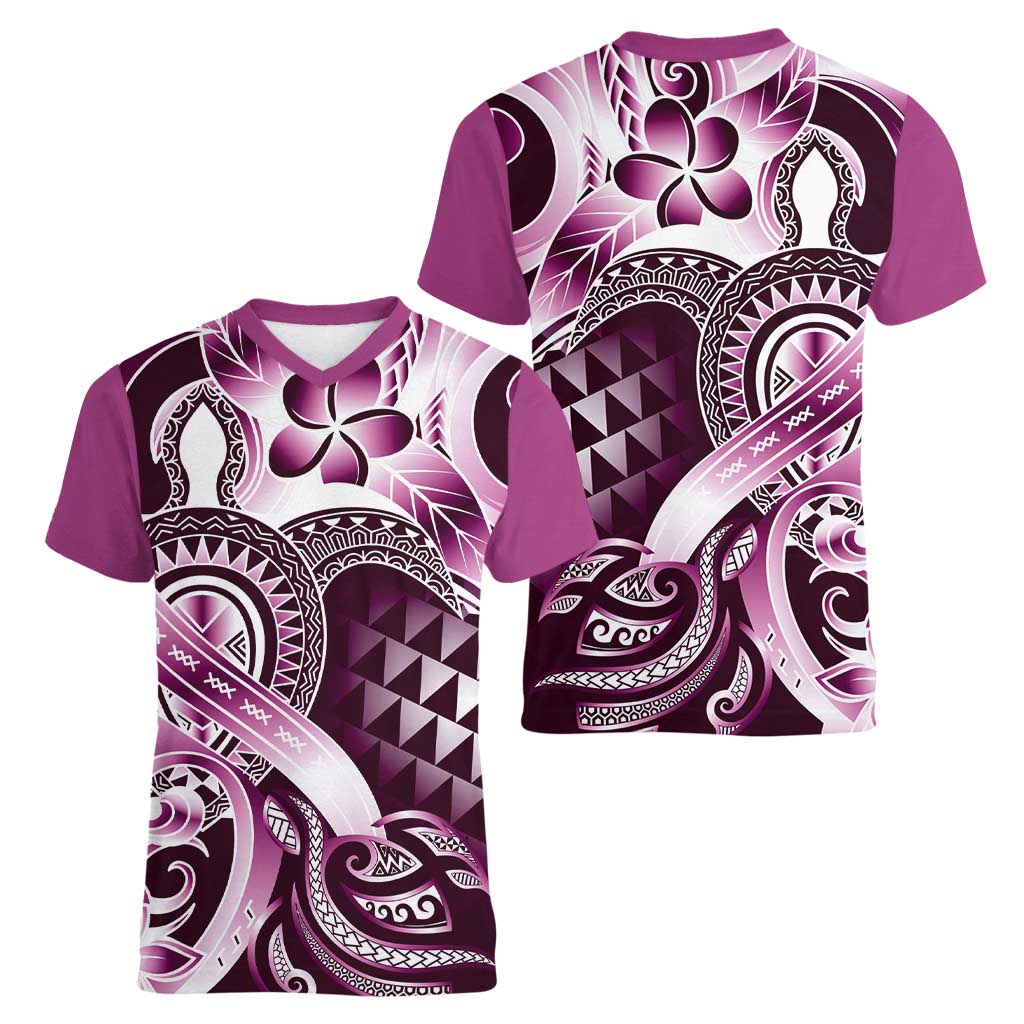 Aloha Pink Tribal Honu Tattoo Women V-Neck T-Shirt LT9 - Polynesian Pride