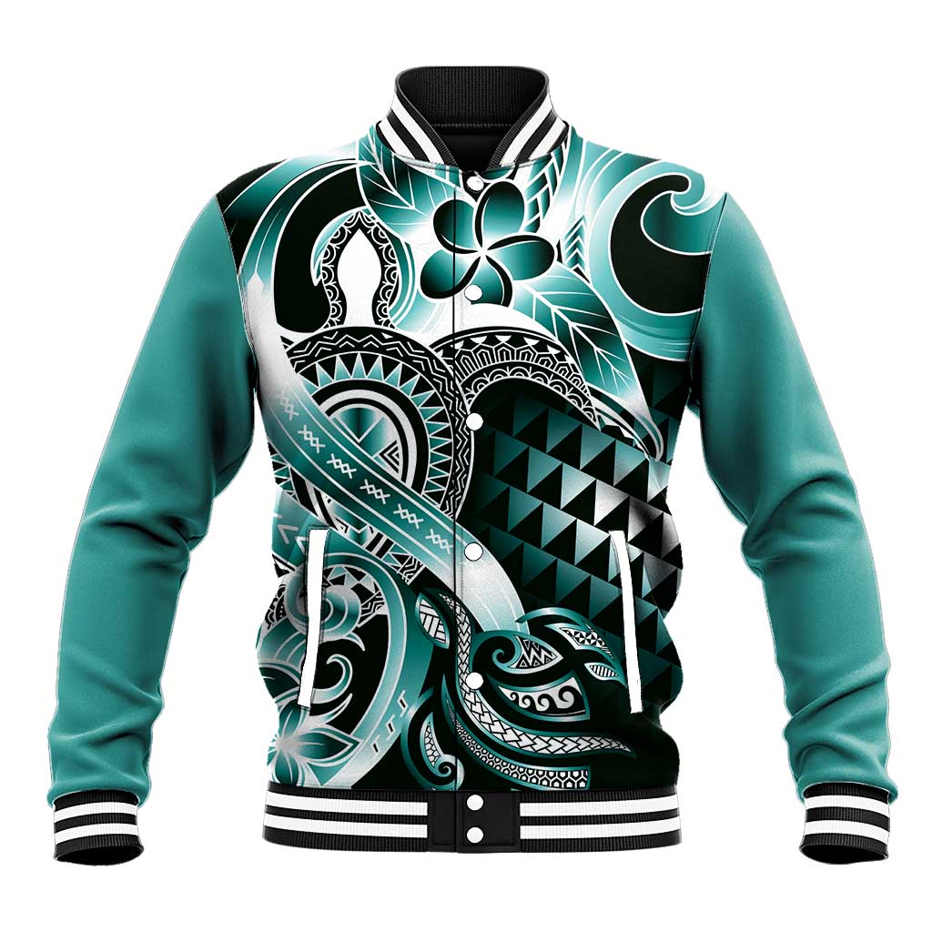 Aloha Turquoise Tribal Honu Tattoo Baseball Jacket LT9 Unisex Turquoise - Polynesian Pride