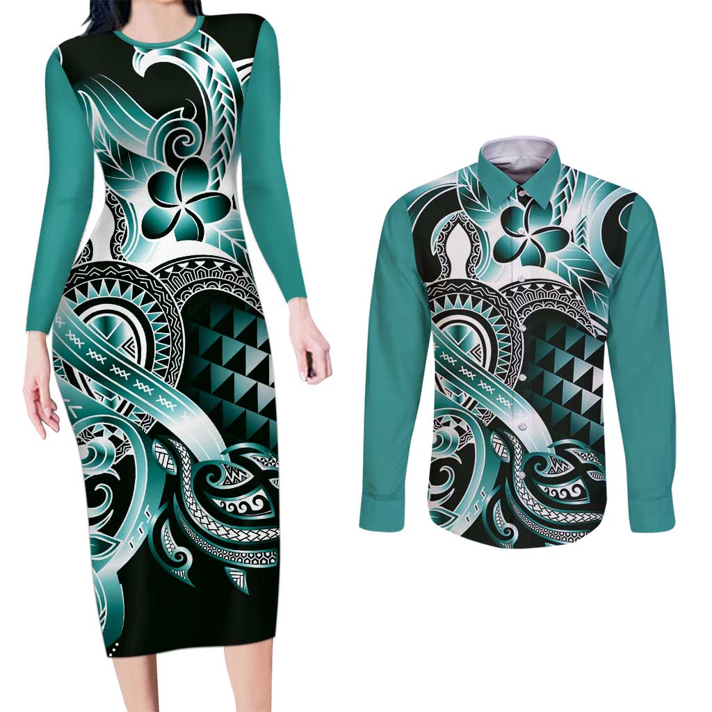 Aloha Turquoise Tribal Honu Tattoo Couples Matching Long Sleeve Bodycon Dress and Long Sleeve Button Shirt LT9 Turquoise - Polynesian Pride