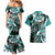 Aloha Turquoise Tribal Honu Tattoo Couples Matching Mermaid Dress and Hawaiian Shirt