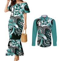 Aloha Turquoise Tribal Honu Tattoo Couples Matching Mermaid Dress and Long Sleeve Button Shirt LT9 Turquoise - Polynesian Pride
