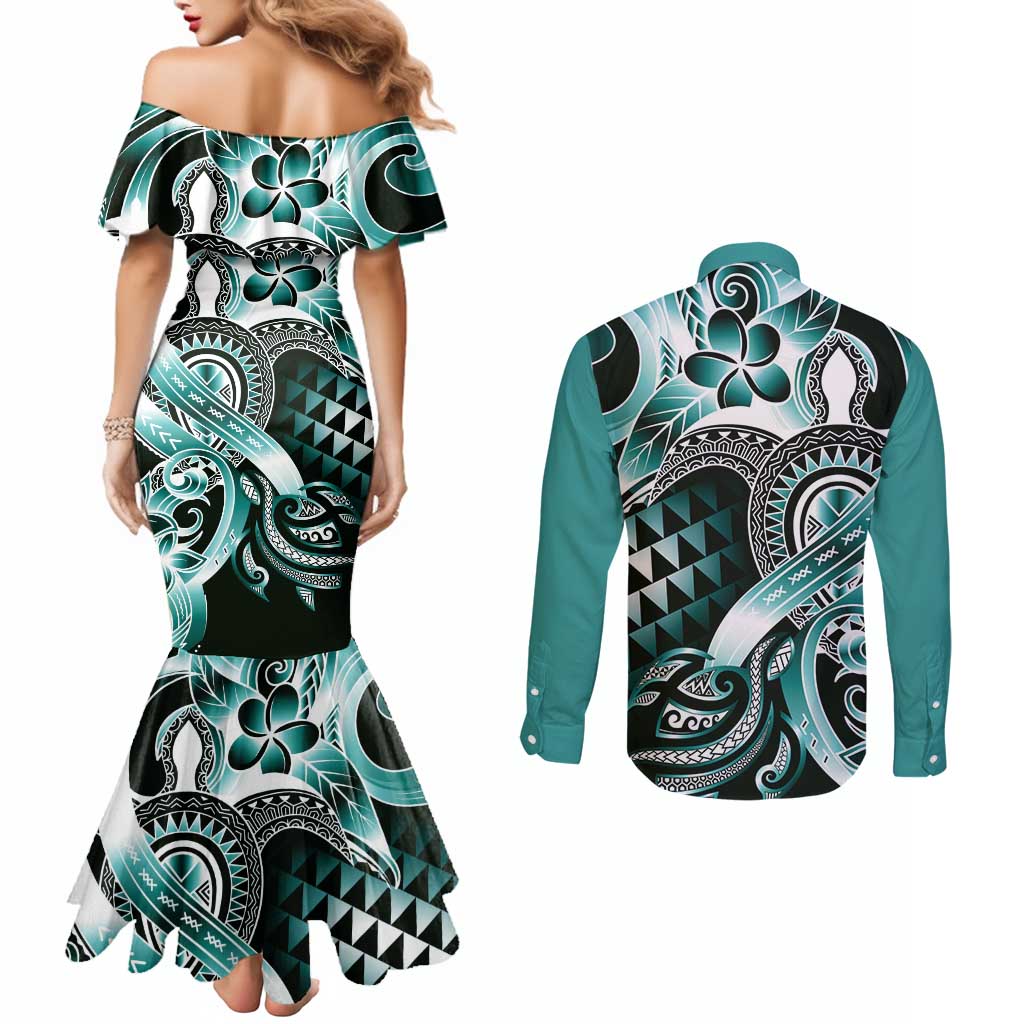 Aloha Turquoise Tribal Honu Tattoo Couples Matching Mermaid Dress and Long Sleeve Button Shirt LT9 - Polynesian Pride