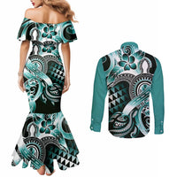Aloha Turquoise Tribal Honu Tattoo Couples Matching Mermaid Dress and Long Sleeve Button Shirt LT9 - Polynesian Pride
