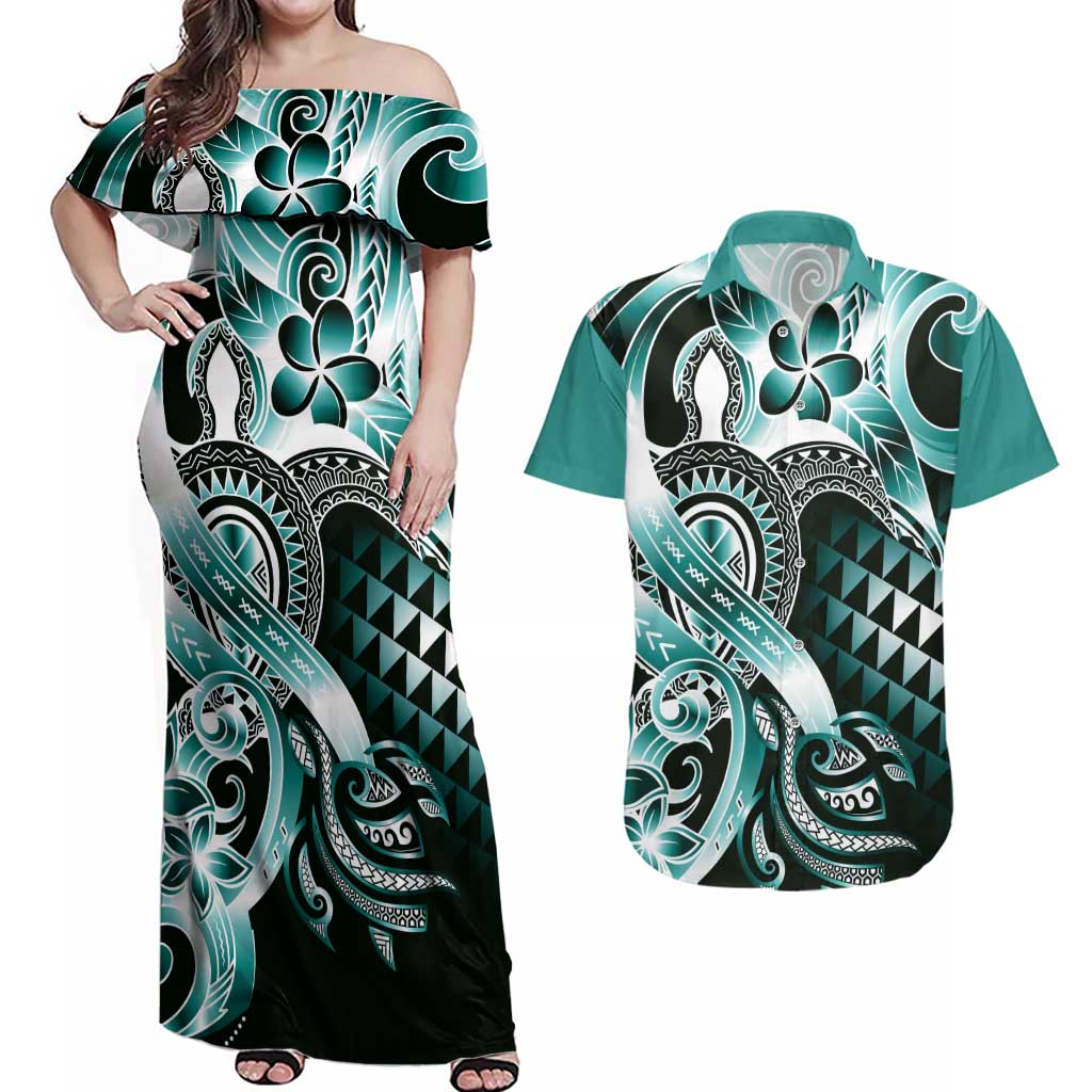 Aloha Turquoise Tribal Honu Tattoo Couples Matching Off Shoulder Maxi Dress and Hawaiian Shirt