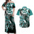 Aloha Turquoise Tribal Honu Tattoo Couples Matching Off Shoulder Maxi Dress and Hawaiian Shirt