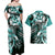 Aloha Turquoise Tribal Honu Tattoo Couples Matching Off Shoulder Maxi Dress and Hawaiian Shirt