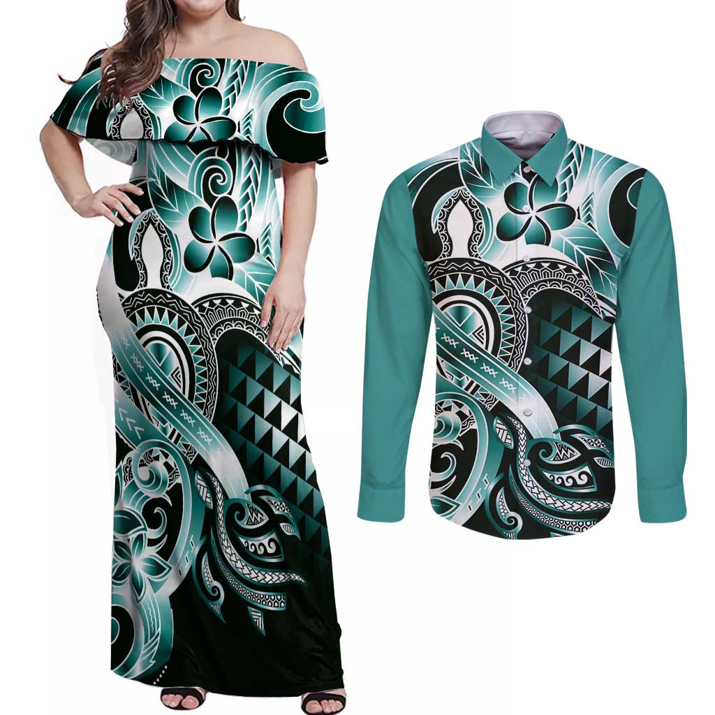 Aloha Turquoise Tribal Honu Tattoo Couples Matching Off Shoulder Maxi Dress and Long Sleeve Button Shirt LT9 Turquoise - Polynesian Pride