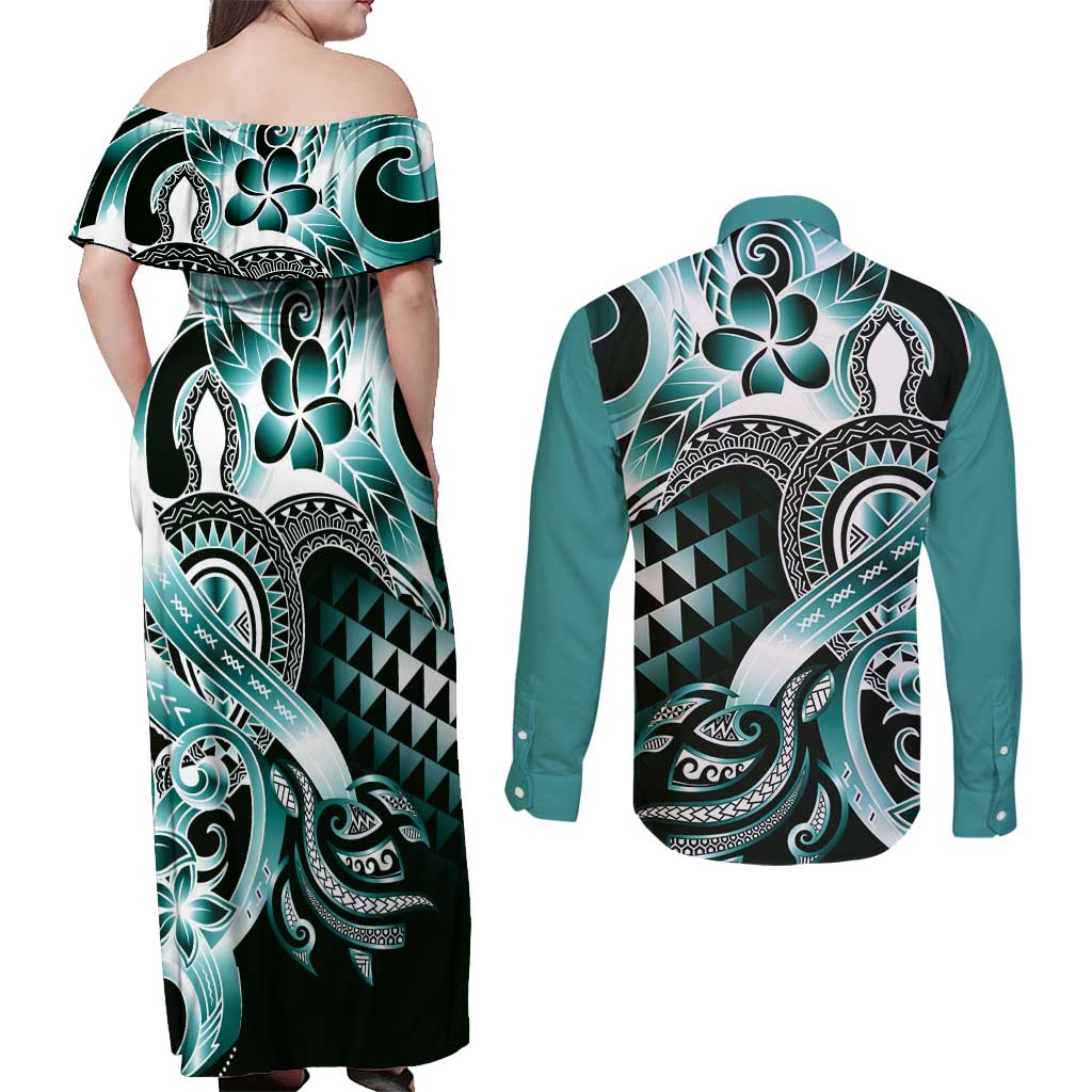 Aloha Turquoise Tribal Honu Tattoo Couples Matching Off Shoulder Maxi Dress and Long Sleeve Button Shirt LT9 - Polynesian Pride