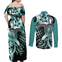 Aloha Turquoise Tribal Honu Tattoo Couples Matching Off Shoulder Maxi Dress and Long Sleeve Button Shirt LT9 - Polynesian Pride