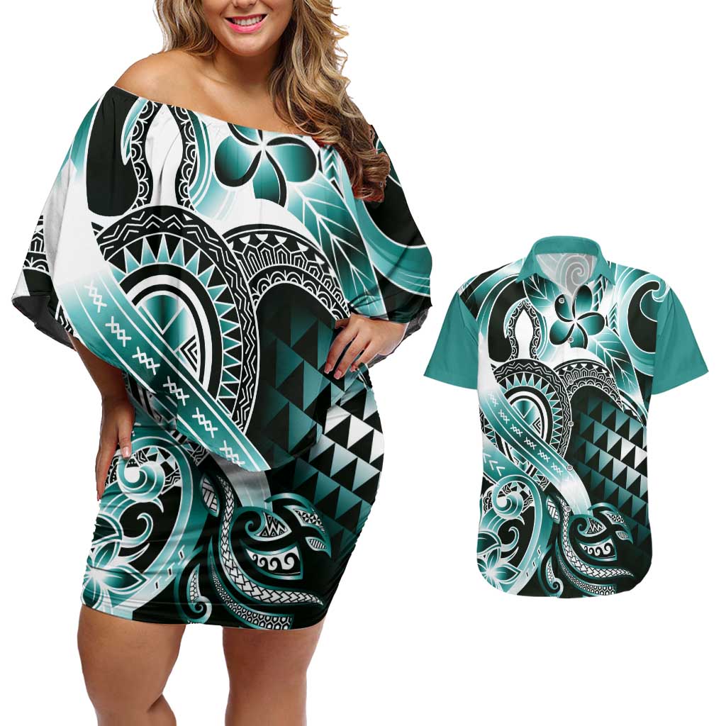 Aloha Turquoise Tribal Honu Tattoo Couples Matching Off Shoulder Short Dress and Hawaiian Shirt LT9 Turquoise - Polynesian Pride