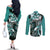 Aloha Turquoise Tribal Honu Tattoo Couples Matching Off The Shoulder Long Sleeve Dress and Long Sleeve Button Shirt