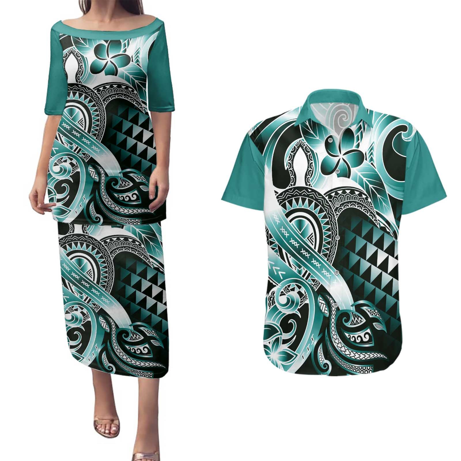 Aloha Turquoise Tribal Honu Tattoo Couples Matching Puletasi and Hawaiian Shirt LT9 Turquoise - Polynesian Pride