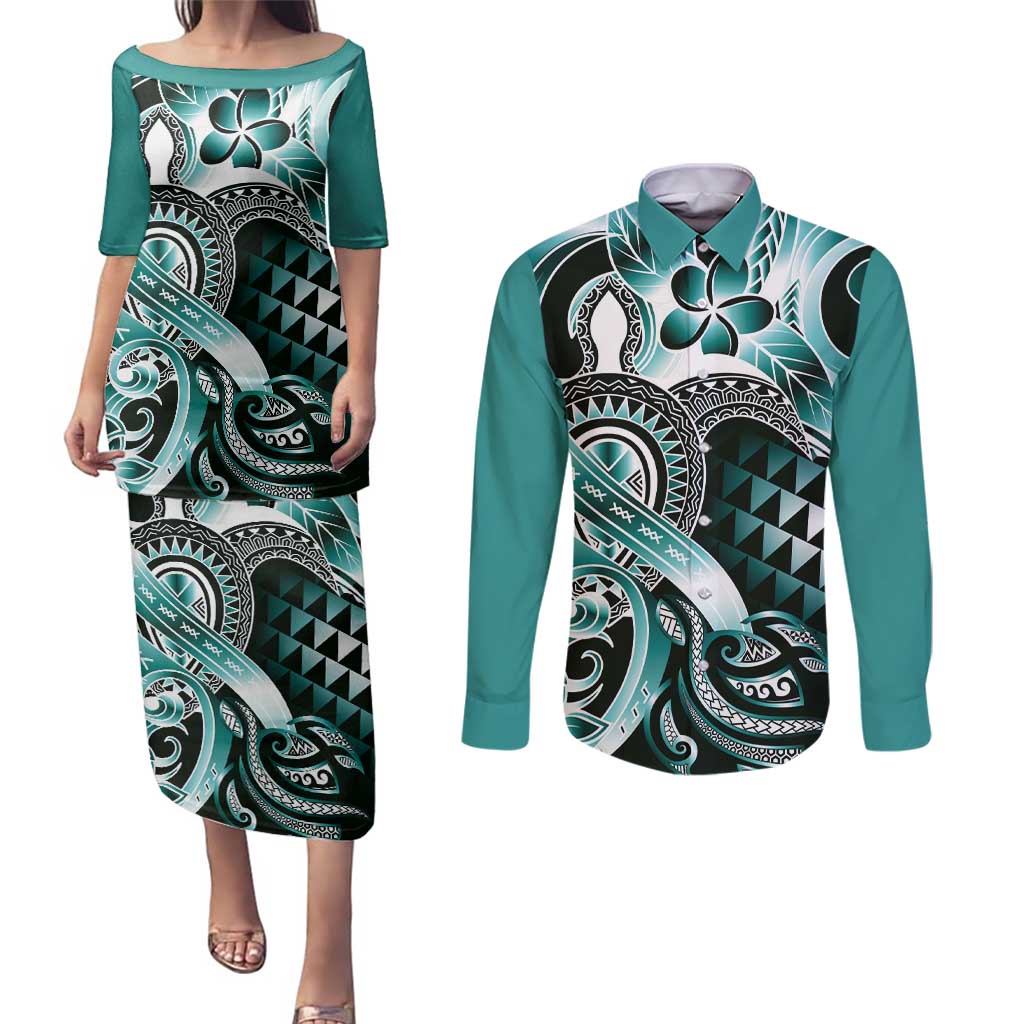 Aloha Turquoise Tribal Honu Tattoo Couples Matching Puletasi and Long Sleeve Button Shirt LT9 Turquoise - Polynesian Pride