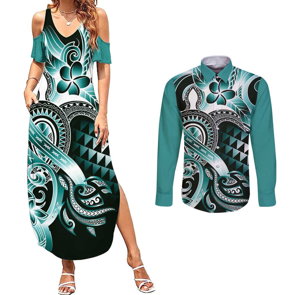 Aloha Turquoise Tribal Honu Tattoo Couples Matching Summer Maxi Dress and Long Sleeve Button Shirt LT9 Turquoise - Polynesian Pride