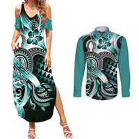 Aloha Turquoise Tribal Honu Tattoo Couples Matching Summer Maxi Dress and Long Sleeve Button Shirt LT9 Turquoise - Polynesian Pride