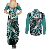 Aloha Turquoise Tribal Honu Tattoo Couples Matching Summer Maxi Dress and Long Sleeve Button Shirt LT9 - Polynesian Pride
