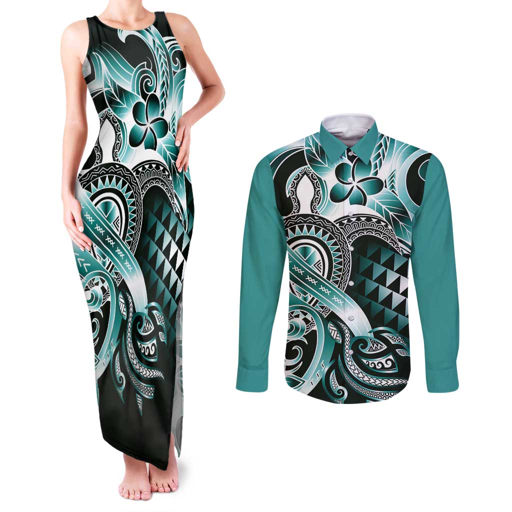Aloha Turquoise Tribal Honu Tattoo Couples Matching Tank Maxi Dress and Long Sleeve Button Shirt LT9 Turquoise - Polynesian Pride