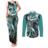 Aloha Turquoise Tribal Honu Tattoo Couples Matching Tank Maxi Dress and Long Sleeve Button Shirt LT9 Turquoise - Polynesian Pride