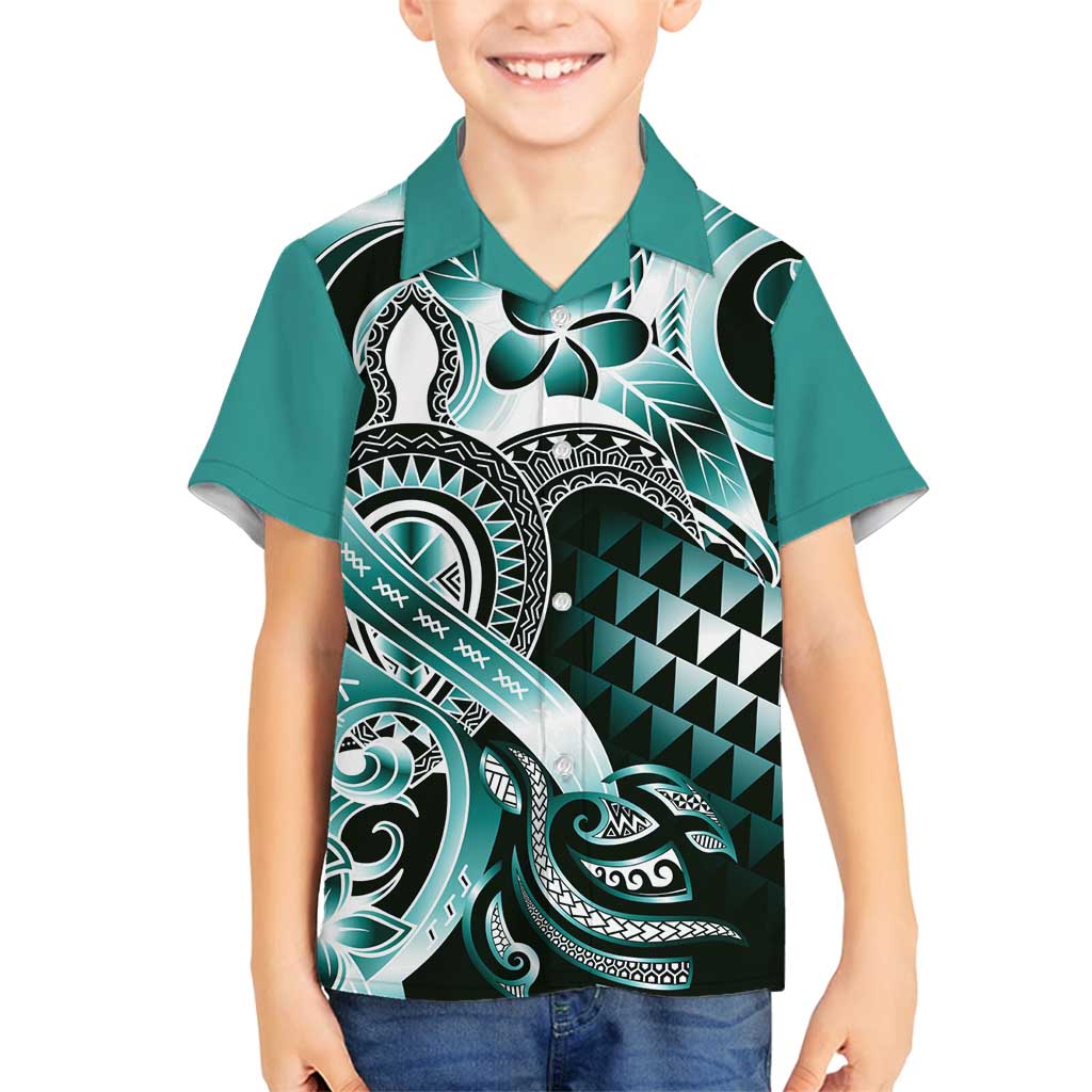 Aloha Turquoise Tribal Honu Tattoo Family Matching Long Sleeve Bodycon Dress and Hawaiian Shirt