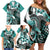 Aloha Turquoise Tribal Honu Tattoo Family Matching Off Shoulder Short Dress and Hawaiian Shirt