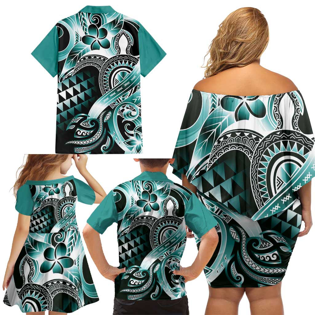 Aloha Turquoise Tribal Honu Tattoo Family Matching Off Shoulder Short Dress and Hawaiian Shirt