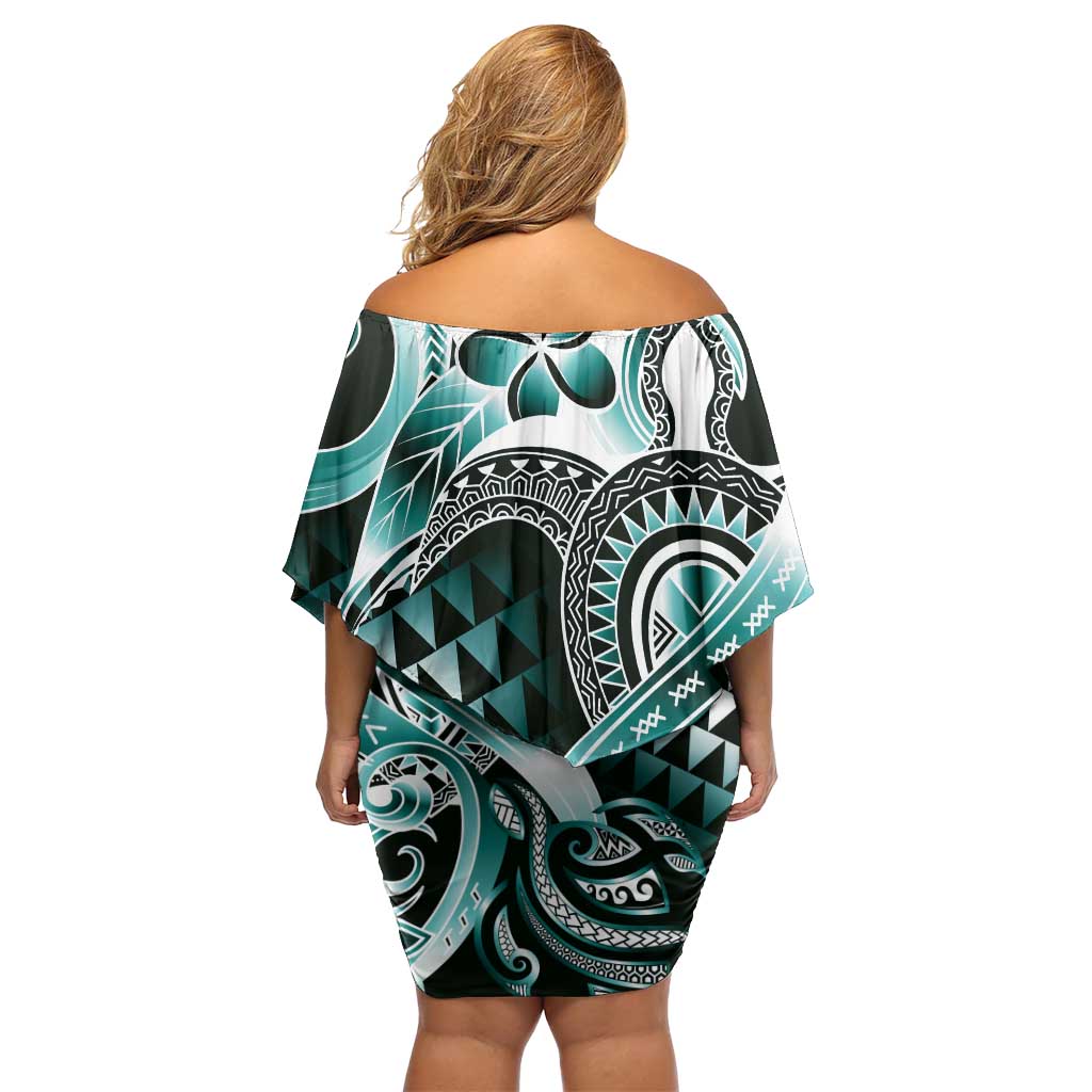 Aloha Turquoise Tribal Honu Tattoo Family Matching Off Shoulder Short Dress and Hawaiian Shirt