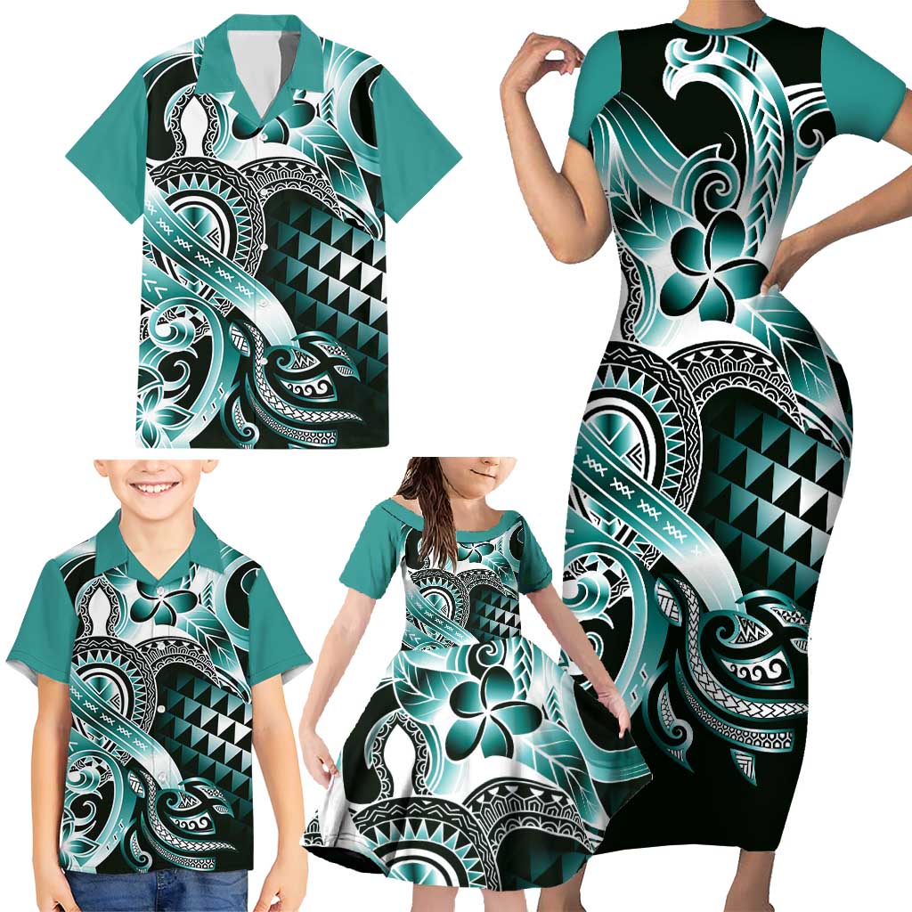 Aloha Turquoise Tribal Honu Tattoo Family Matching Short Sleeve Bodycon Dress and Hawaiian Shirt