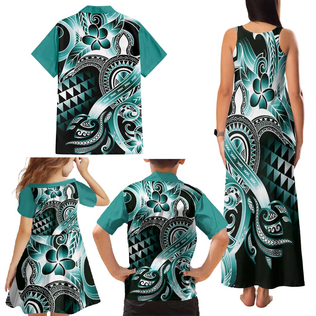 Aloha Turquoise Tribal Honu Tattoo Family Matching Tank Maxi Dress and Hawaiian Shirt