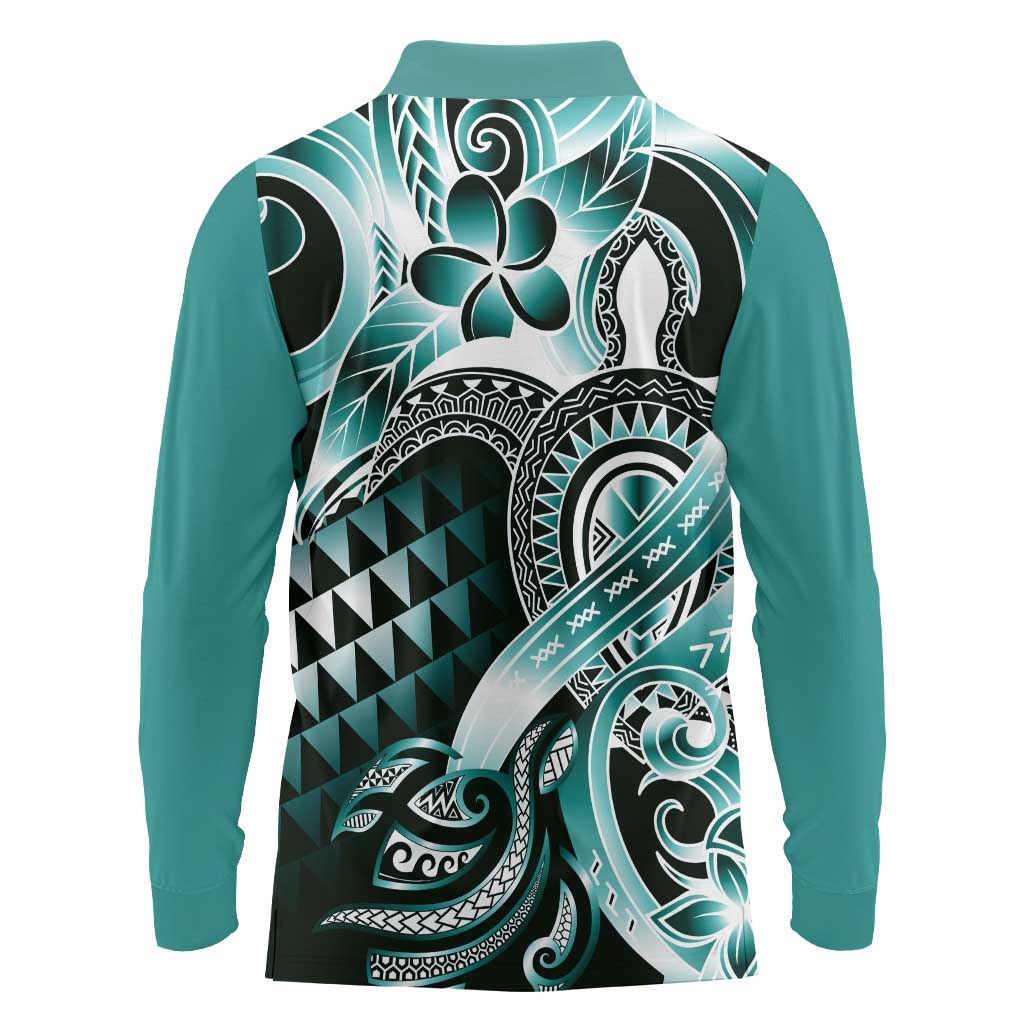 Aloha Turquoise Tribal Honu Tattoo Long Sleeve Polo Shirt