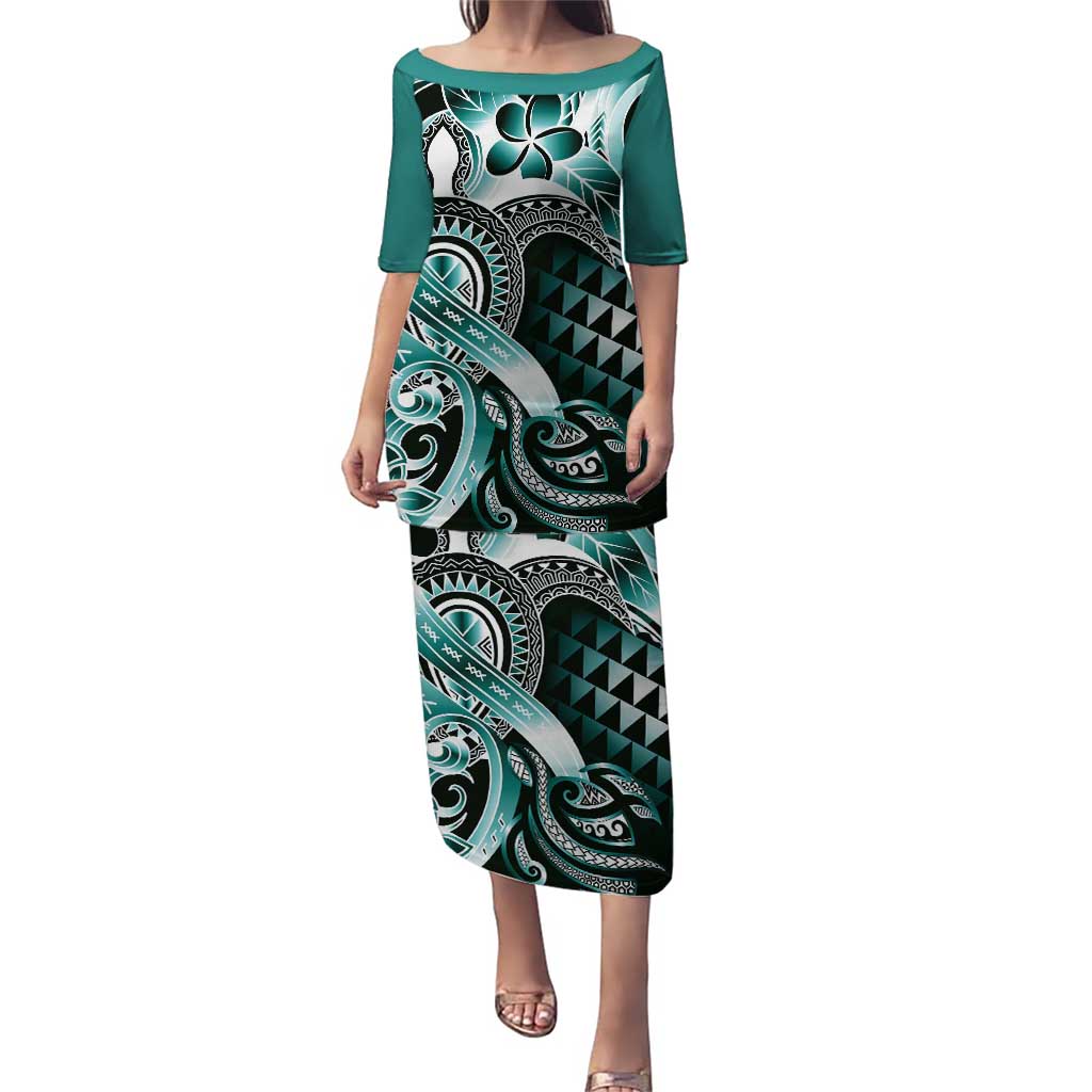 Aloha Turquoise Tribal Honu Tattoo Puletasi LT9 Long Dress Turquoise - Polynesian Pride