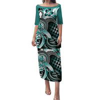Aloha Turquoise Tribal Honu Tattoo Puletasi LT9 Long Dress Turquoise - Polynesian Pride