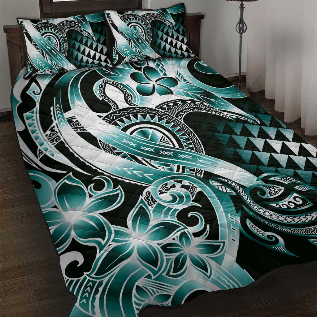 Aloha Turquoise Tribal Honu Tattoo Quilt Bed Set LT9 Turquoise - Polynesian Pride