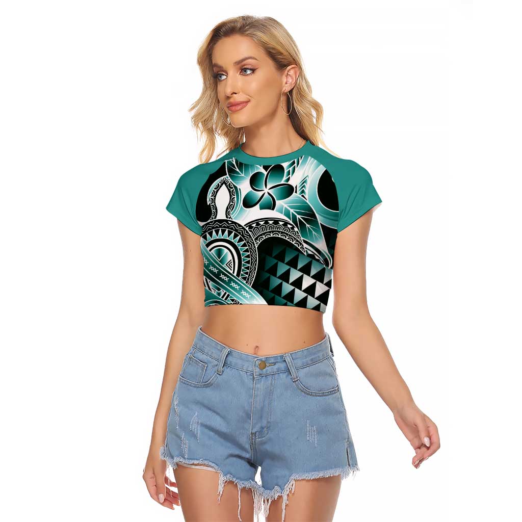 Aloha Turquoise Tribal Honu Tattoo Raglan Cropped T Shirt LT9 Female Turquoise - Polynesian Pride