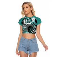 Aloha Turquoise Tribal Honu Tattoo Raglan Cropped T Shirt LT9 Female Turquoise - Polynesian Pride