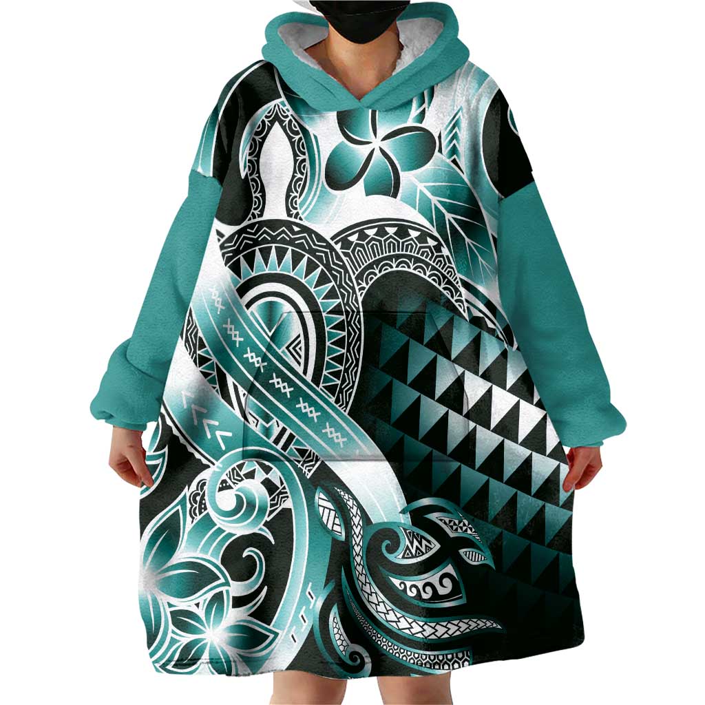 Aloha Turquoise Tribal Honu Tattoo Wearable Blanket Hoodie LT9 - Polynesian Pride
