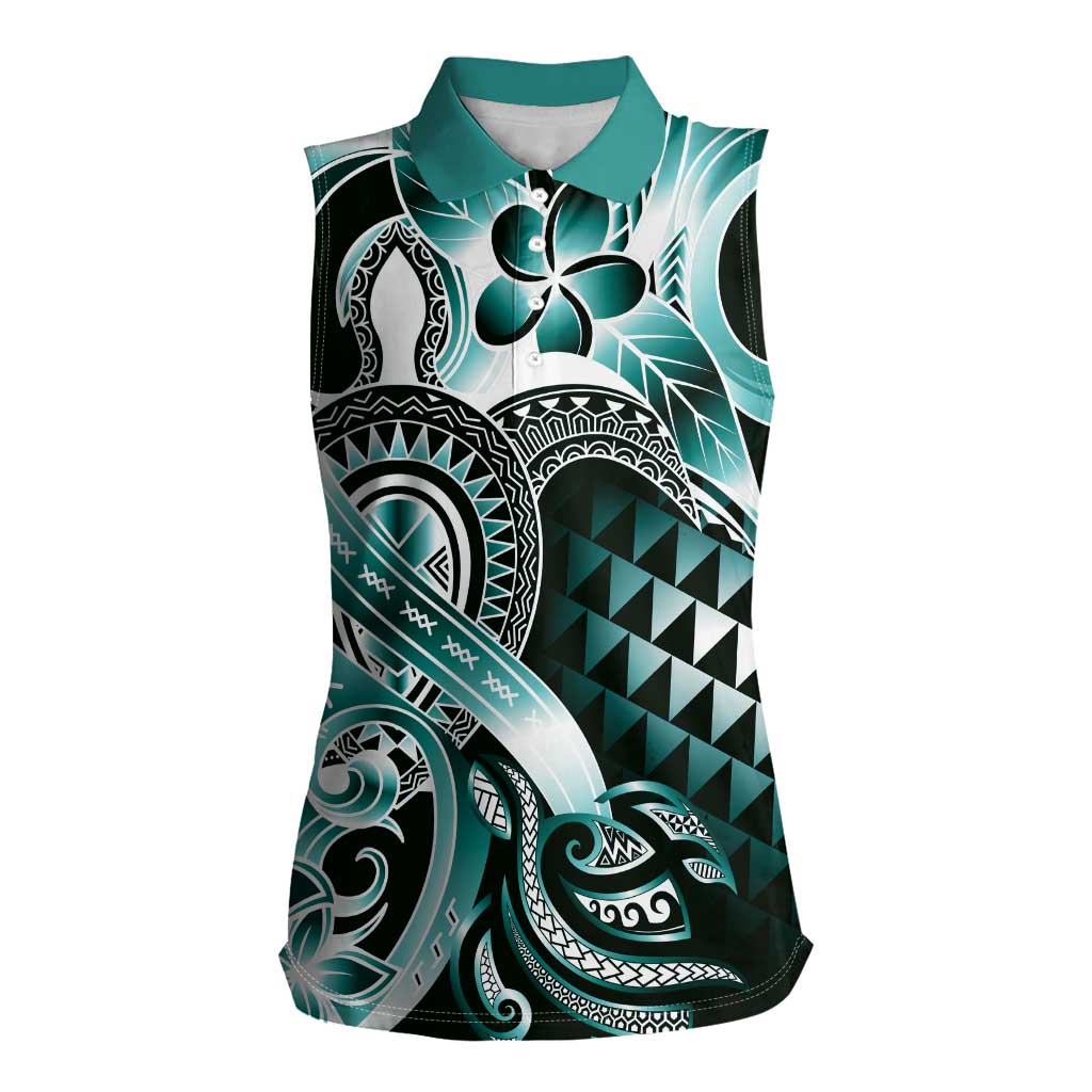 Aloha Turquoise Tribal Honu Tattoo Women Sleeveless Polo Shirt