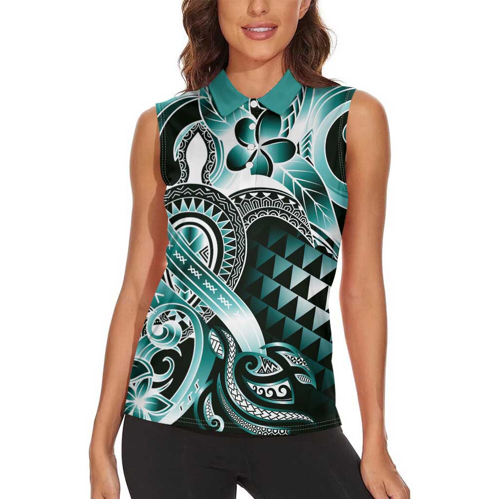 Aloha Turquoise Tribal Honu Tattoo Women Sleeveless Polo Shirt