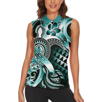 Aloha Turquoise Tribal Honu Tattoo Women Sleeveless Polo Shirt