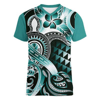 Aloha Turquoise Tribal Honu Tattoo Women V-Neck T-Shirt LT9 Female Turquoise - Polynesian Pride