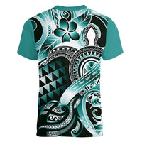 Aloha Turquoise Tribal Honu Tattoo Women V-Neck T-Shirt LT9 - Polynesian Pride