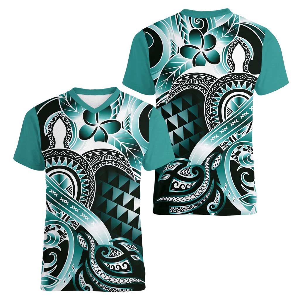 Aloha Turquoise Tribal Honu Tattoo Women V-Neck T-Shirt LT9 - Polynesian Pride