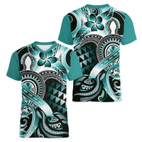 Aloha Turquoise Tribal Honu Tattoo Women V-Neck T-Shirt LT9 - Polynesian Pride