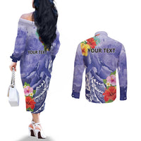 Personalised Chuuk States Humpback Whale Couples Matching Off The Shoulder Long Sleeve Dress and Long Sleeve Button Shirt Polynesian Tropical Flowers