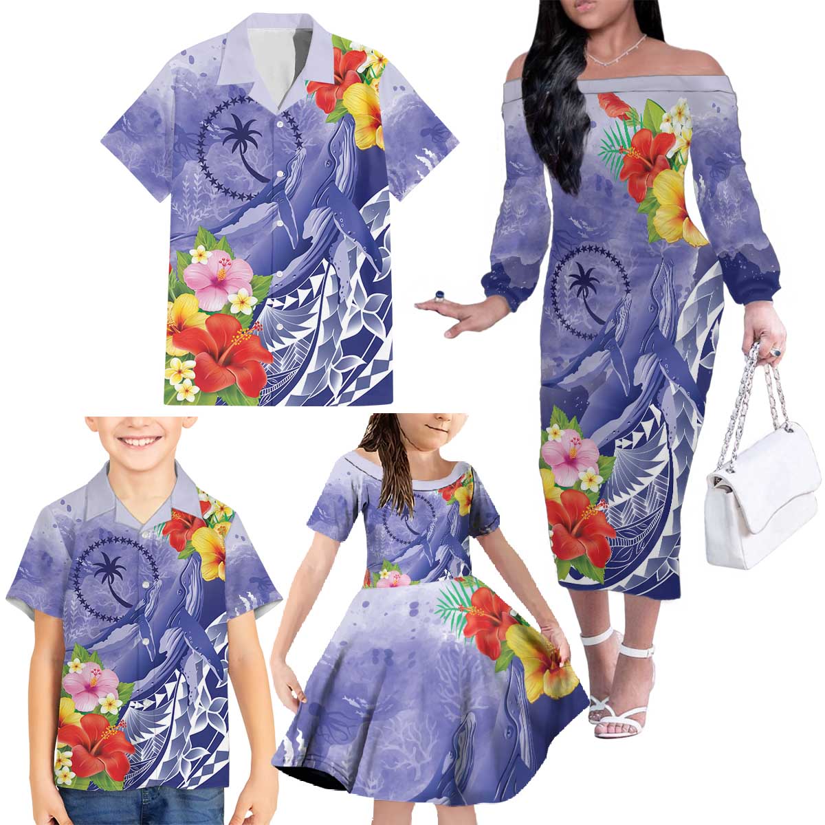 Personalised Chuuk States Humpback Whale Family Matching Off The Shoulder Long Sleeve Dress and Hawaiian Shirt Polynesian Tropical Flowers