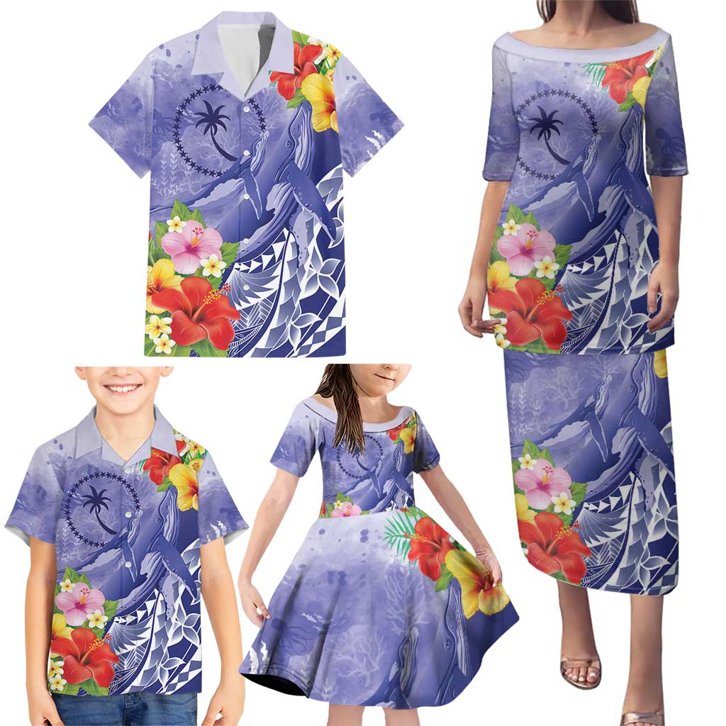 Personalised Chuuk States Humpback Whale Family Matching Puletasi and Hawaiian Shirt Polynesian Tropical Flowers