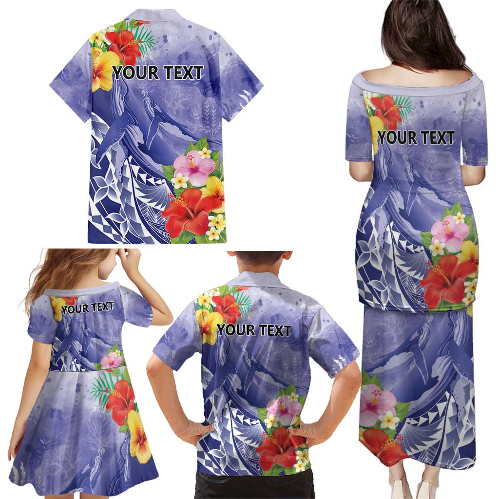 Personalised Chuuk States Humpback Whale Family Matching Puletasi and Hawaiian Shirt Polynesian Tropical Flowers