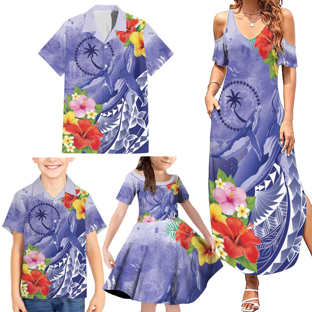 Personalised Chuuk States Humpback Whale Family Matching Summer Maxi Dress and Hawaiian Shirt Polynesian Tropical Flowers