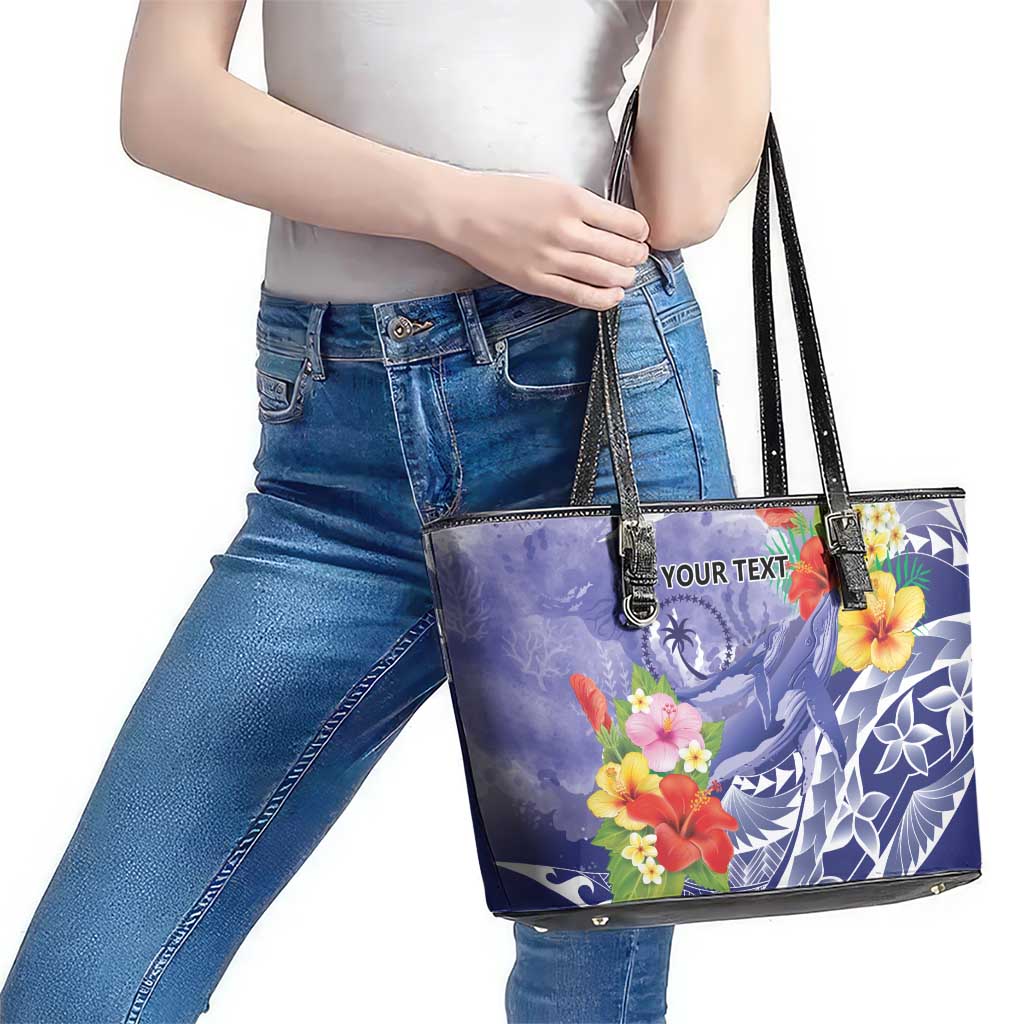 Personalised Chuuk States Humpback Whale Leather Tote Bag Polynesian Tropical Flowers